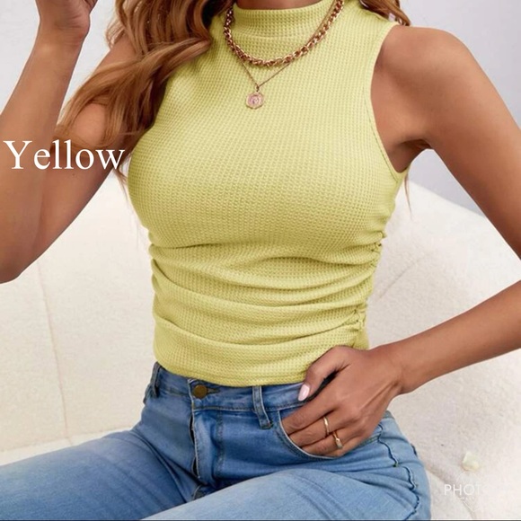 Casual Mock Neck Waffle Ruched sides Knit Tank Top - Picture 8 of 15